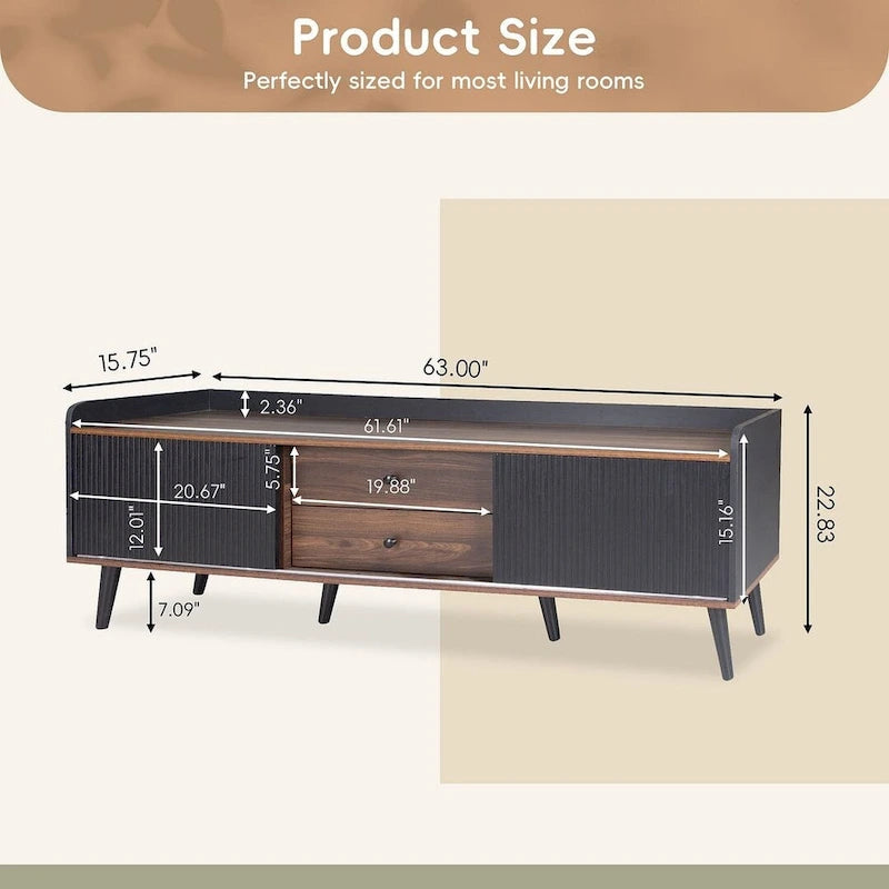 63 Inch Mid Century Modern TV Cabinet Dark Brown Black