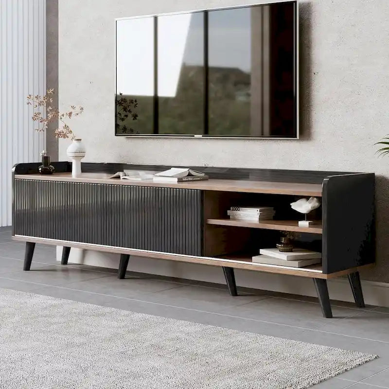 63 Inch Mid Century Modern TV Cabinet Dark Brown Black