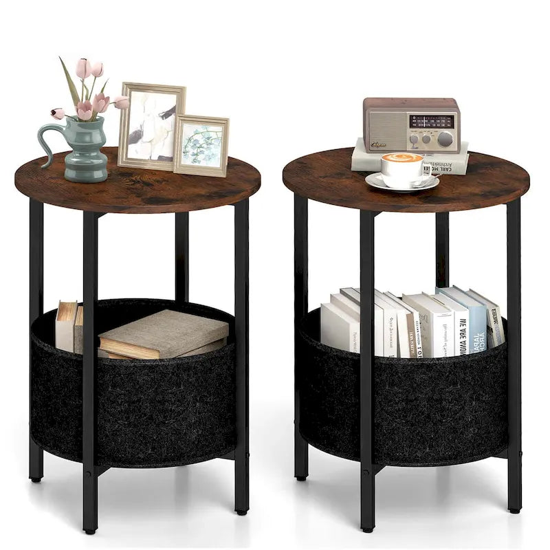 1/2 PCS Round End Table with Felt Storage Basket Sturdy Metal
