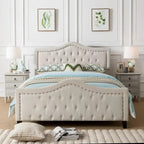 Queen Size Platform Bed with Arched Headboard & Footboard with Rivet Accents, Button Tufted Design