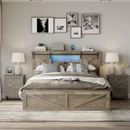 Queen Size Platform Bed with LED Headboard And Charging Station , Barn Door Design, App-Controlled RGB Lights