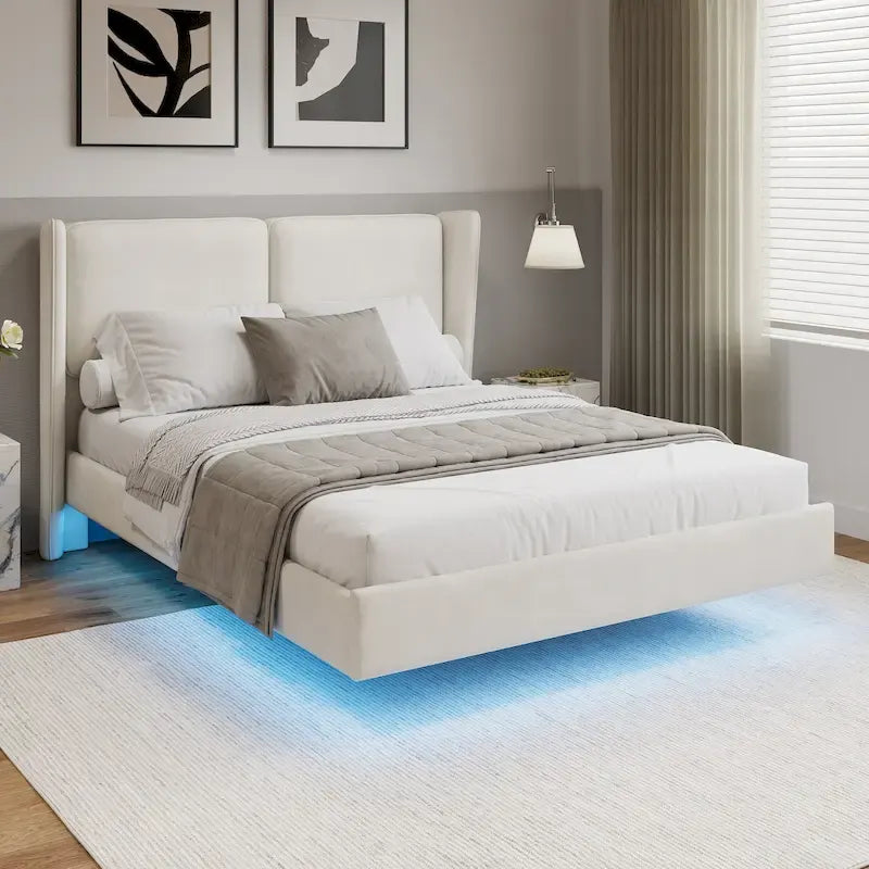 Velvet Floating Platform Bed Frame with Under-Bed Smart LED Lights 6 Storage Space & Easy Assembly