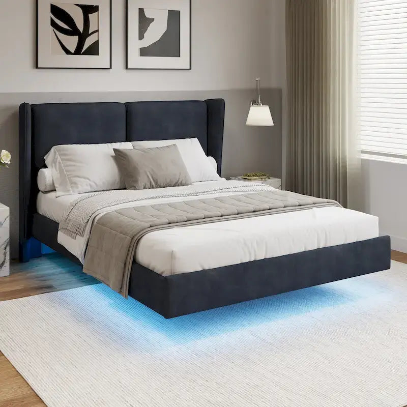 Velvet Floating Platform Bed Frame with Under-Bed Smart LED Lights 6 Storage Space & Easy Assembly