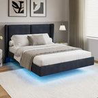 Queen Size Velvet Floating Platform Bed Frame with Under-Bed Smart LED Lights 6 Storage Space & Easy Assembly