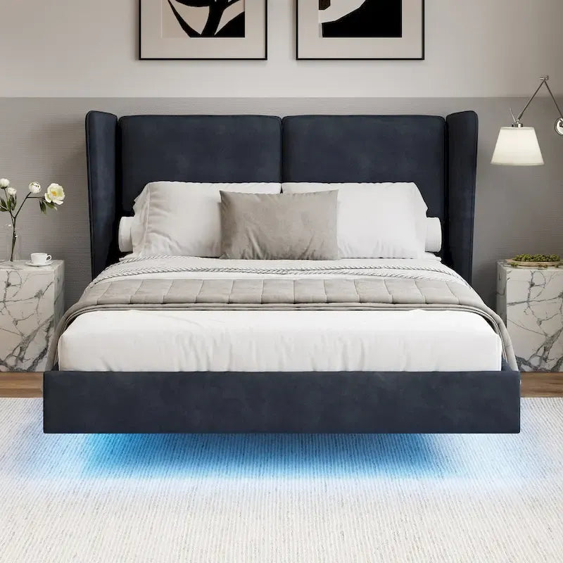 Velvet Floating Platform Bed Frame with Under-Bed Smart LED Lights 6 Storage Space & Easy Assembly