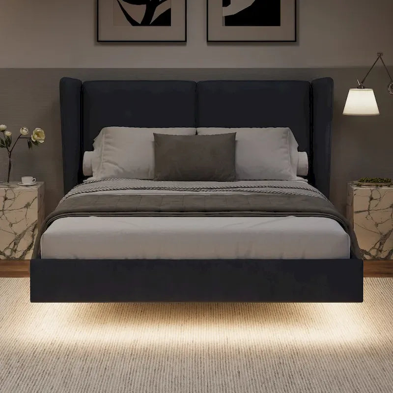 Velvet Floating Platform Bed Frame with Under-Bed Smart LED Lights 6 Storage Space & Easy Assembly