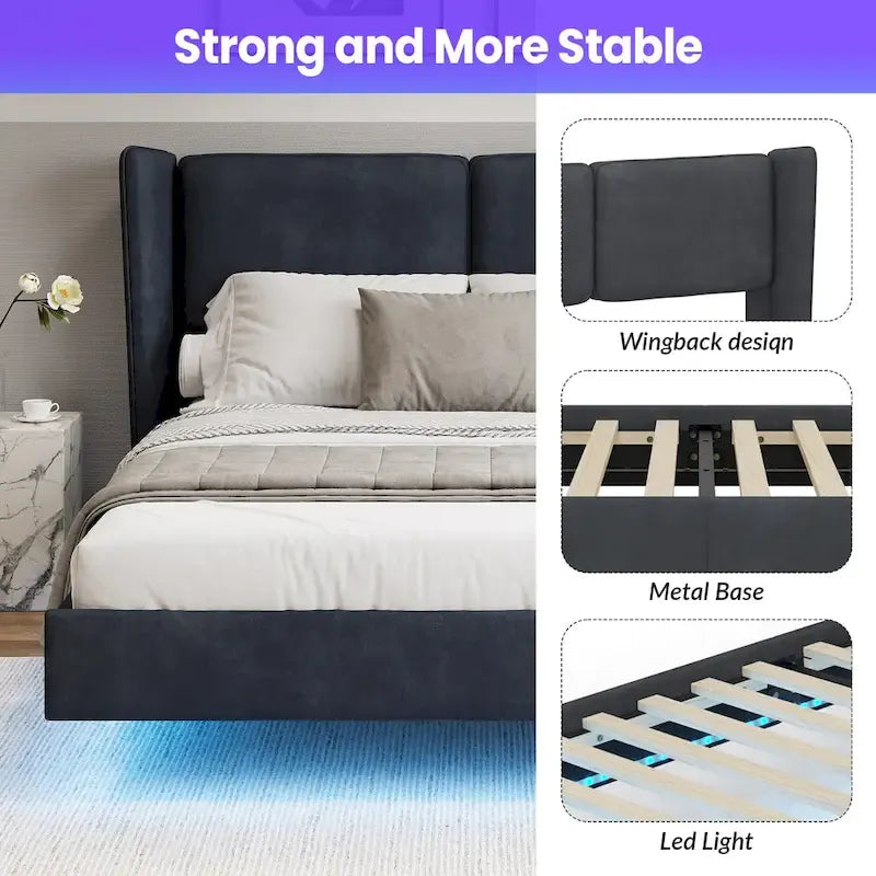 Velvet Floating Platform Bed Frame with Under-Bed Smart LED Lights 6 Storage Space & Easy Assembly