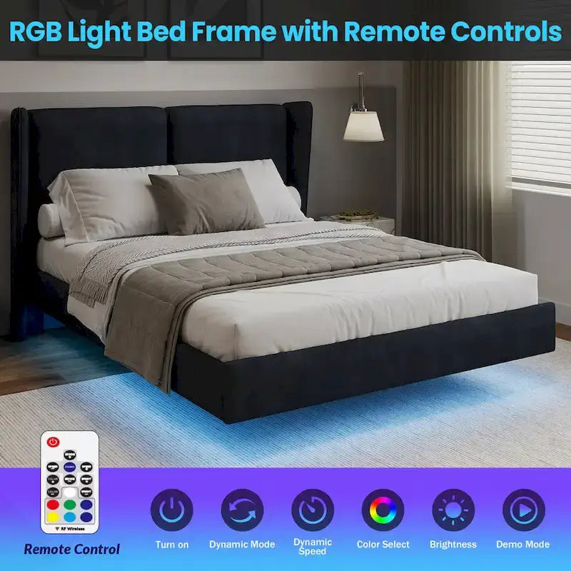Velvet Floating Platform Bed Frame with Under-Bed Smart LED Lights 6 Storage Space & Easy Assembly
