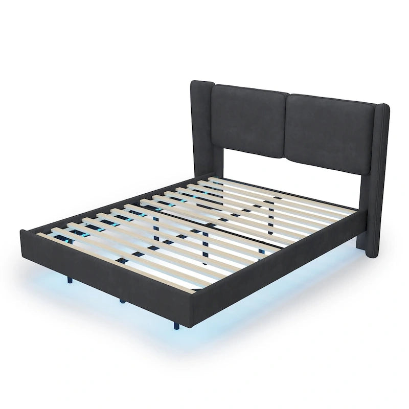 Velvet Floating Platform Bed Frame with Under-Bed Smart LED Lights 6 Storage Space & Easy Assembly