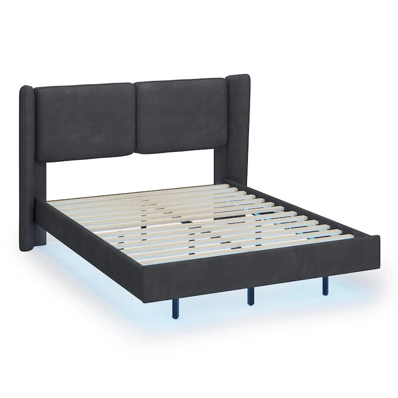 Velvet Floating Platform Bed Frame with Under-Bed Smart LED Lights 6 Storage Space & Easy Assembly