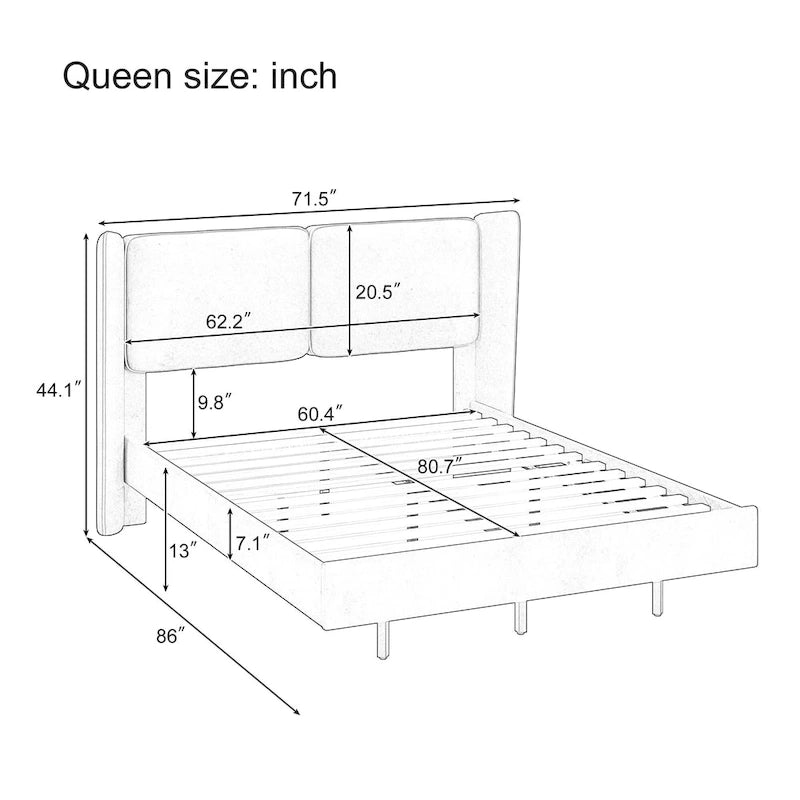 Velvet Floating Platform Bed Frame with Under-Bed Smart LED Lights 6 Storage Space & Easy Assembly