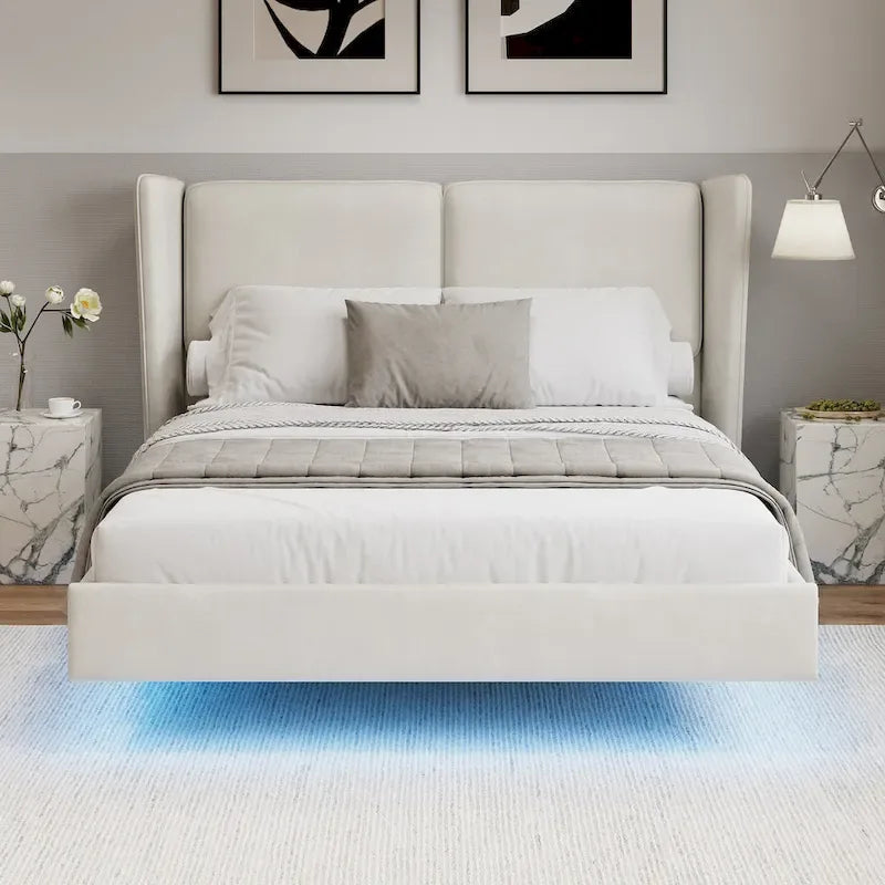 Velvet Floating Platform Bed Frame with Under-Bed Smart LED Lights 6 Storage Space & Easy Assembly