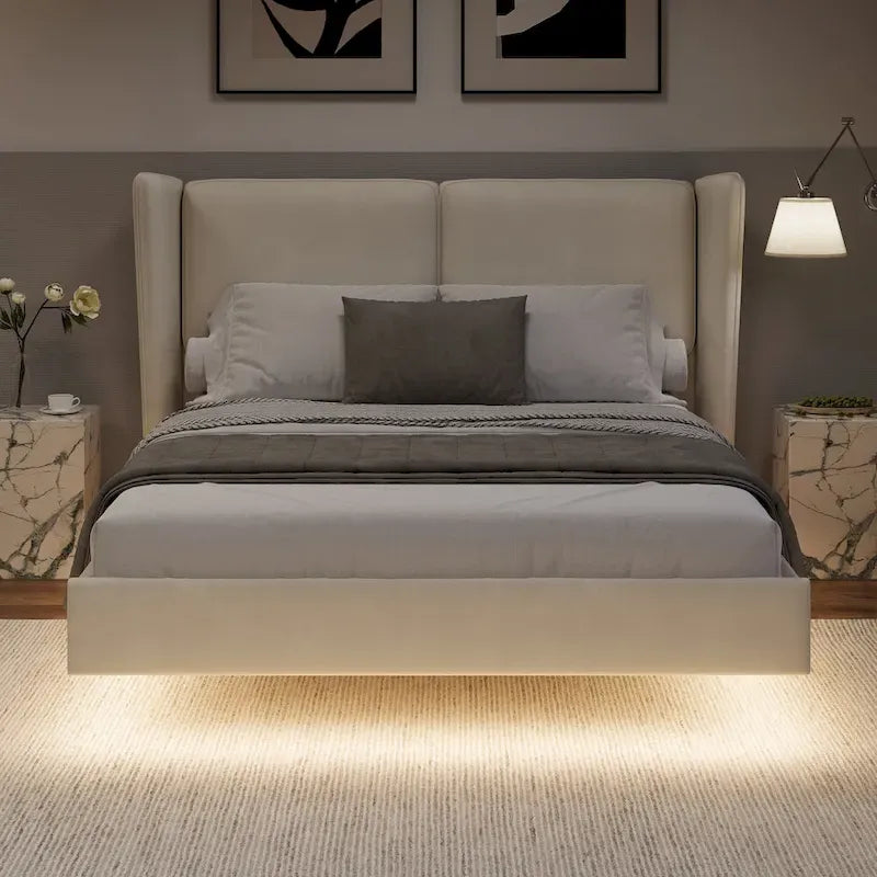 Velvet Floating Platform Bed Frame with Under-Bed Smart LED Lights 6 Storage Space & Easy Assembly
