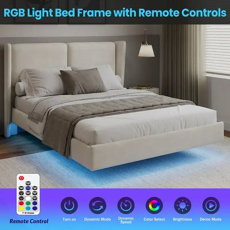 Velvet Floating Platform Bed Frame with Under-Bed Smart LED Lights 6 Storage Space & Easy Assembly