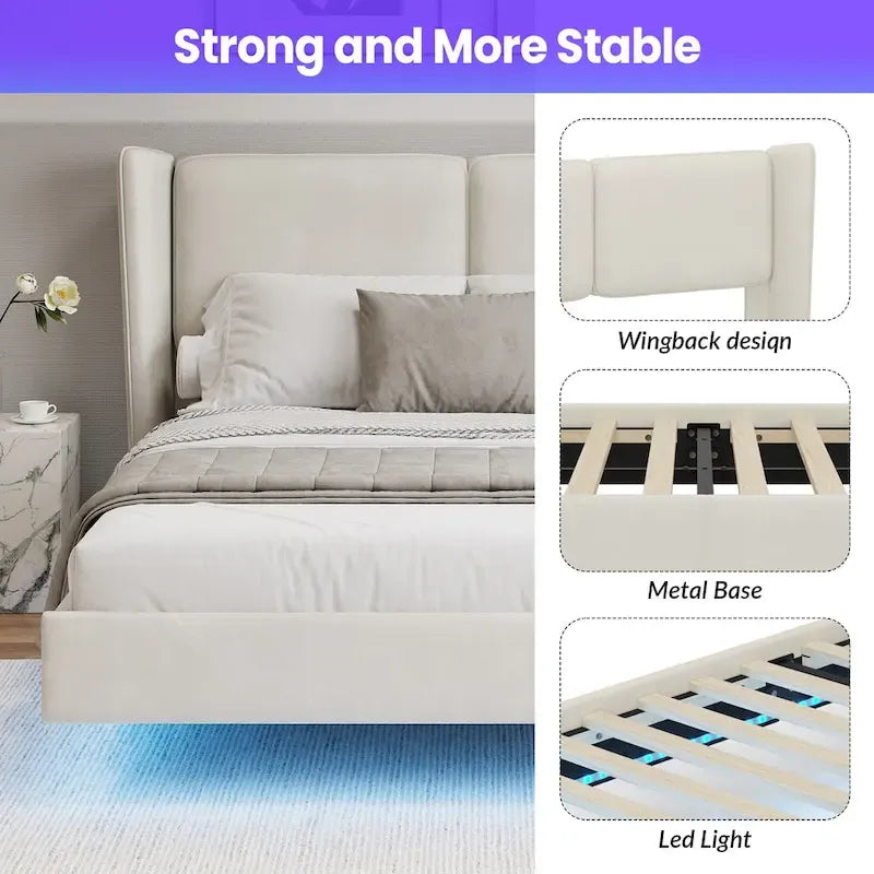 Velvet Floating Platform Bed Frame with Under-Bed Smart LED Lights 6 Storage Space & Easy Assembly