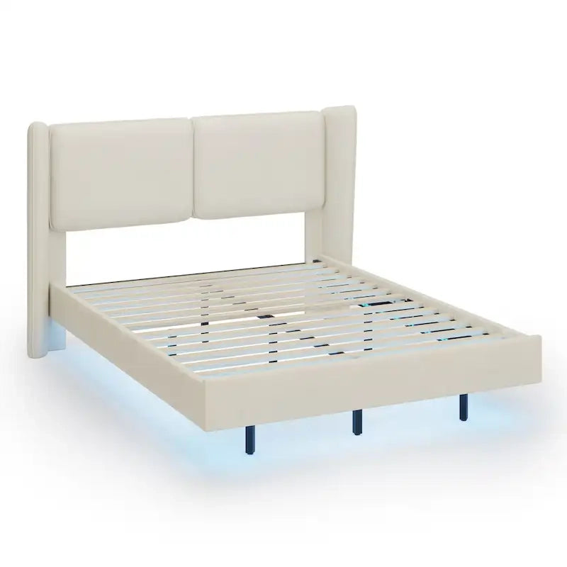 Velvet Floating Platform Bed Frame with Under-Bed Smart LED Lights 6 Storage Space & Easy Assembly