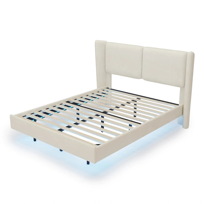 Velvet Floating Platform Bed Frame with Under-Bed Smart LED Lights 6 Storage Space & Easy Assembly