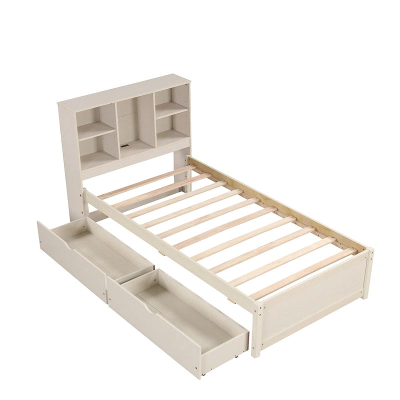 Modern Twin Size Bed with Built-in USB Port on Bookcase Headboard and 2 Drawers