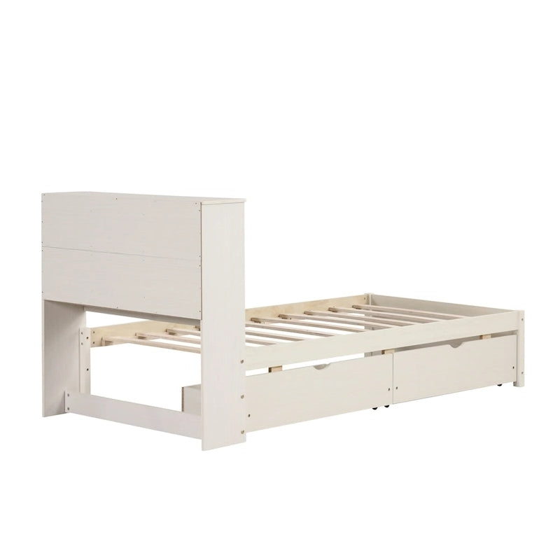 Modern Twin Size Bed with Built-in USB Port on Bookcase Headboard and 2 Drawers
