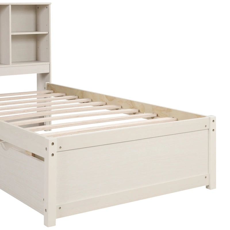 Modern Twin Size Bed with Built-in USB Port on Bookcase Headboard and 2 Drawers