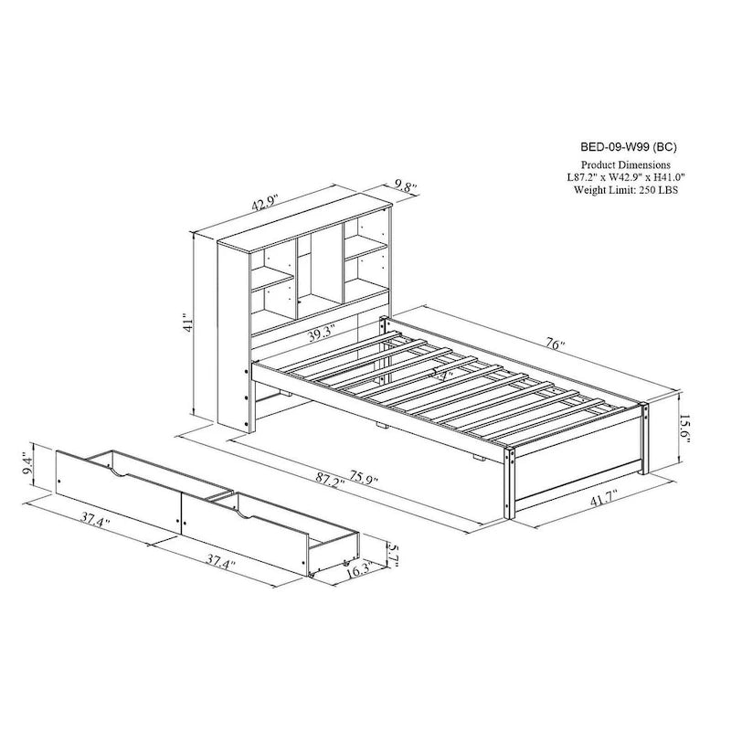 Modern Twin Size Bed with Built-in USB Port on Bookcase Headboard and 2 Drawers