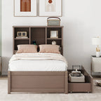 Modern Twin Size Bed with Built-in USB Port on Bookcase Headboard and 2 Drawers