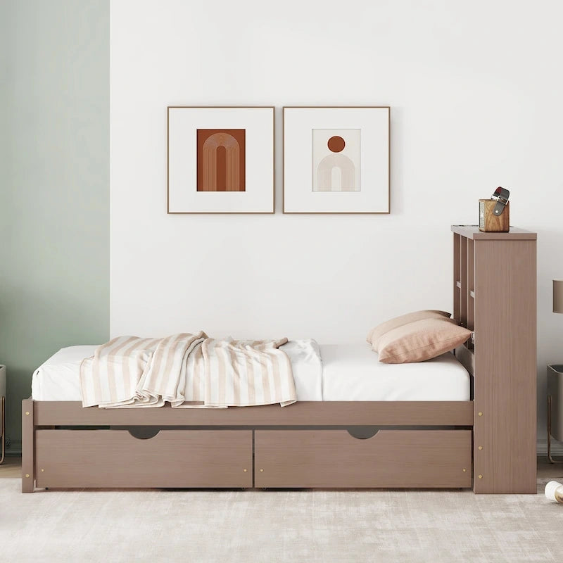 Modern Twin Size Bed with Built-in USB Port on Bookcase Headboard and 2 Drawers
