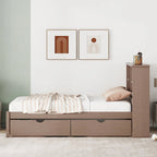 Modern Twin Size Bed with Built-in USB Port on Bookcase Headboard and 2 Drawers