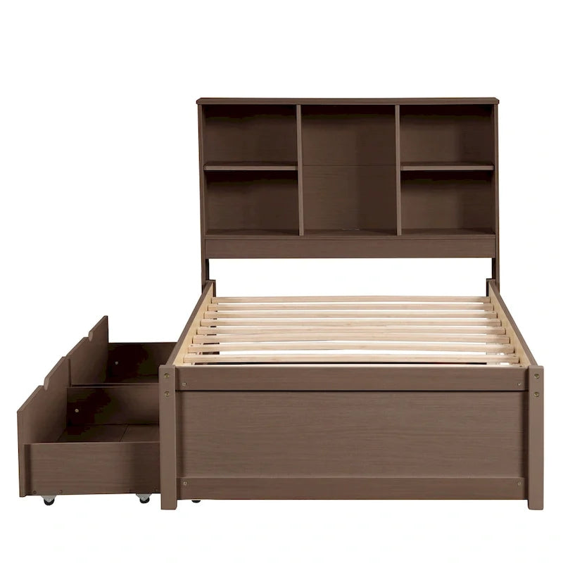 Modern Twin Size Bed with Built-in USB Port on Bookcase Headboard and 2 Drawers