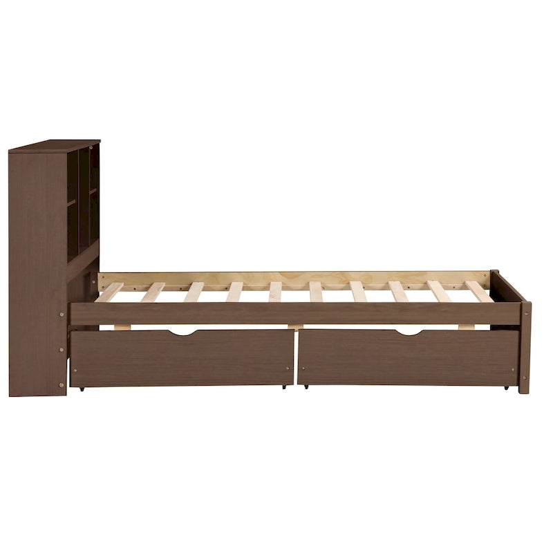 Modern Twin Size Bed with Built-in USB Port on Bookcase Headboard and 2 Drawers