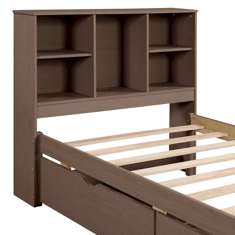Modern Twin Size Bed with Built-in USB Port on Bookcase Headboard and 2 Drawers