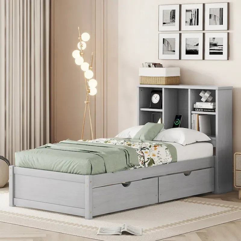 Modern Twin Size Bed with Built-in USB Port on Bookcase Headboard and 2 Drawers