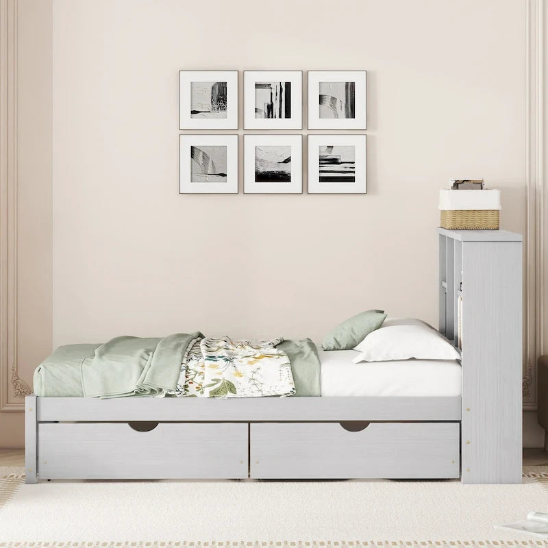 Modern Twin Size Bed with Built-in USB Port on Bookcase Headboard and 2 Drawers