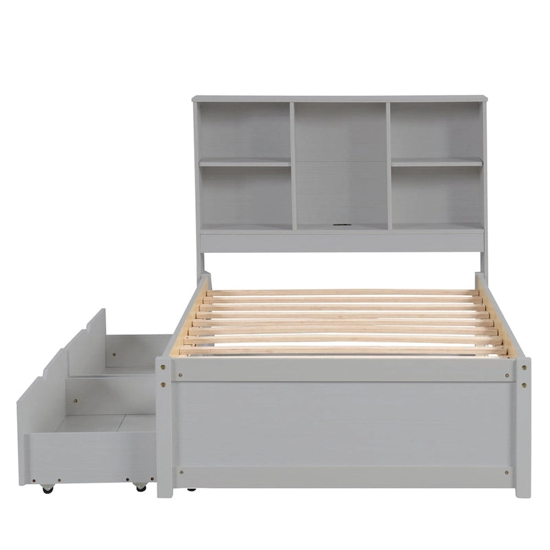 Modern Twin Size Bed with Built-in USB Port on Bookcase Headboard and 2 Drawers