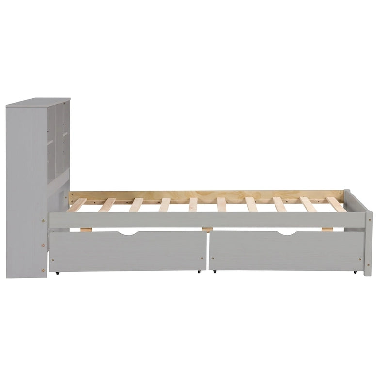 Modern Twin Size Bed with Built-in USB Port on Bookcase Headboard and 2 Drawers