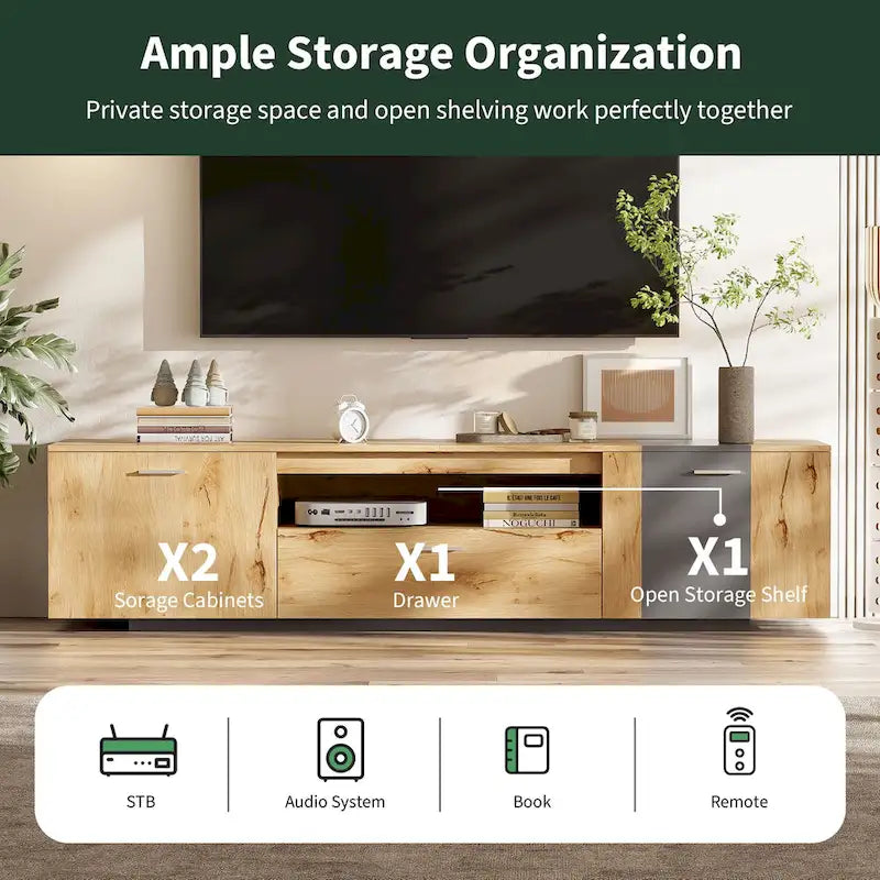 Grey,Natural Wood 70.86 TV Stand with 3 Cabinets & Drawer for TVs Up to 80
