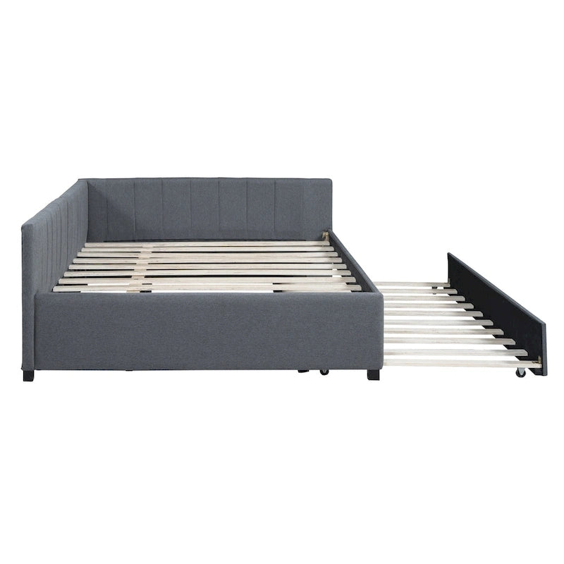 Gray Full Size Linen Upholstered Daybed with Trundle
