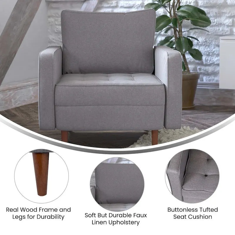 Compact Upholstered Tufted Chair with Wooden Legs