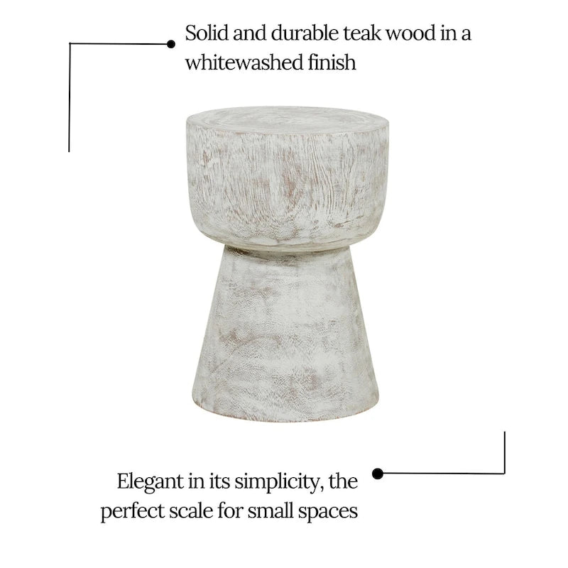 Round Solid Teak Wood Whitewash Pedestal Accent Table