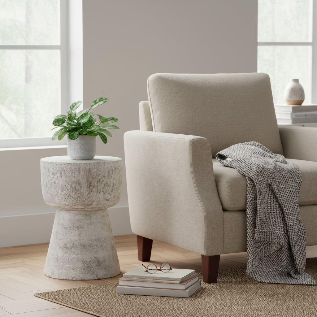 Round Solid Teak Wood Whitewash Pedestal Accent Table