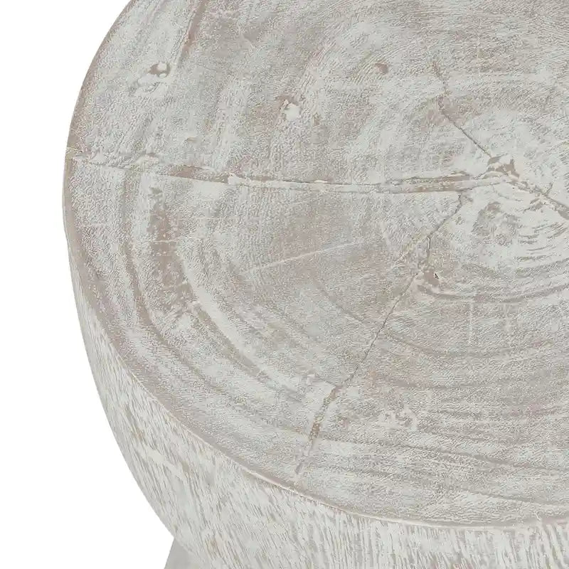 Round Solid Teak Wood Whitewash Pedestal Accent Table