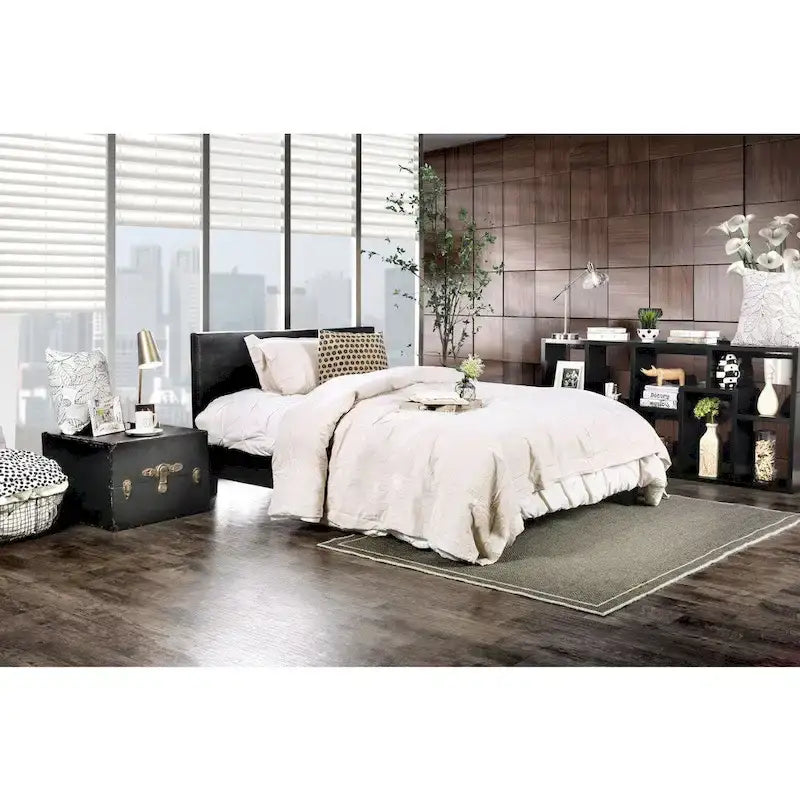 Modern Black Faux Leather Padded Platform Bed