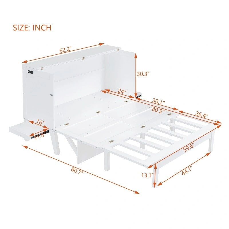 Queen Size Murphy Bed Chest with Desk, USB Port,Removable Shelves on Each Side