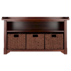 Storage Bench with 3 Foldable Woven Baskets, Walnut