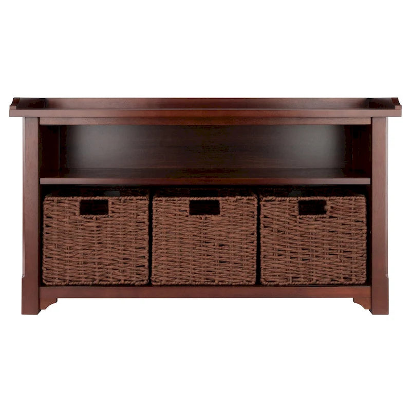 Storage Bench with 3 Foldable Woven Baskets, Walnut