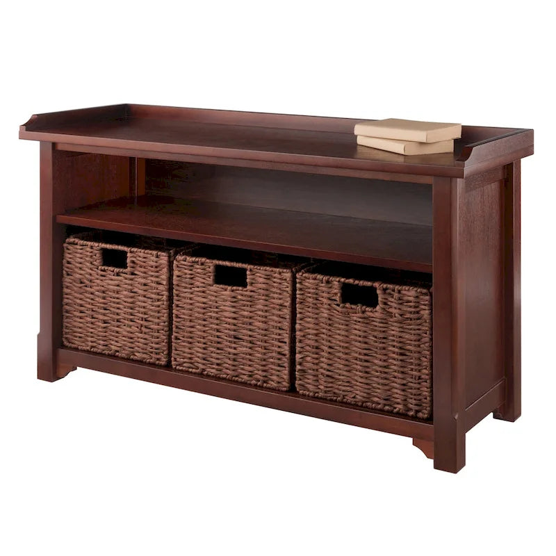 Storage Bench with 3 Foldable Woven Baskets, Walnut