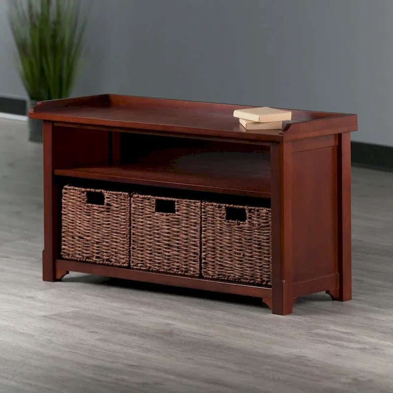 Storage Bench with 3 Foldable Woven Baskets, Walnut