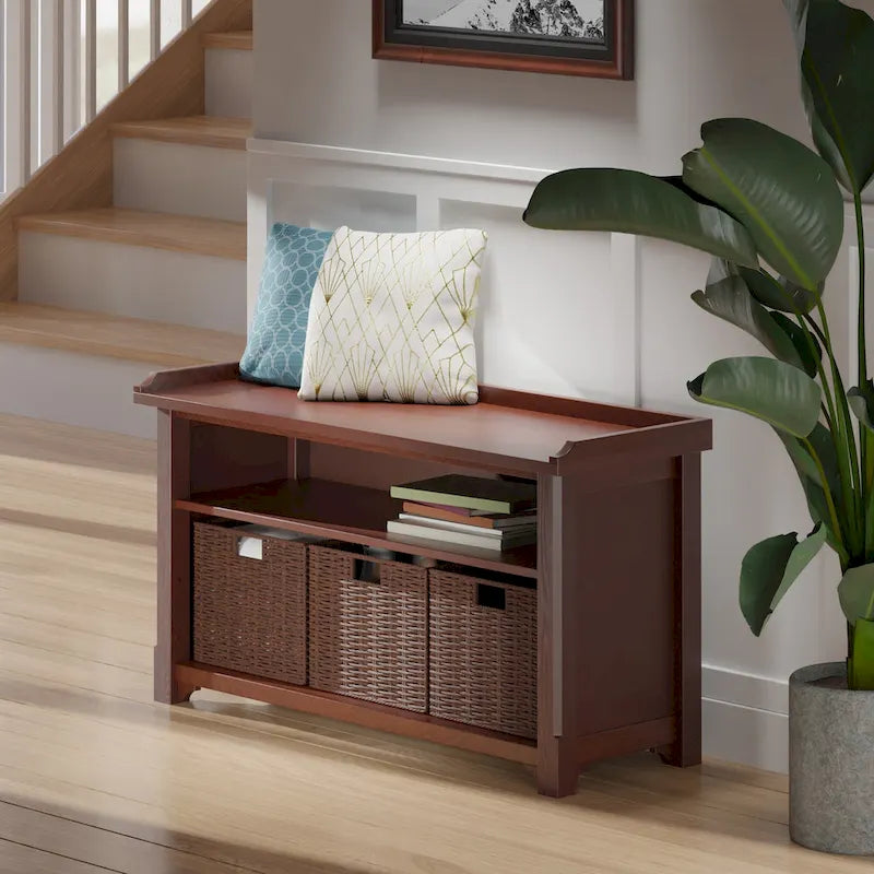 Storage Bench with 3 Foldable Woven Baskets, Walnut