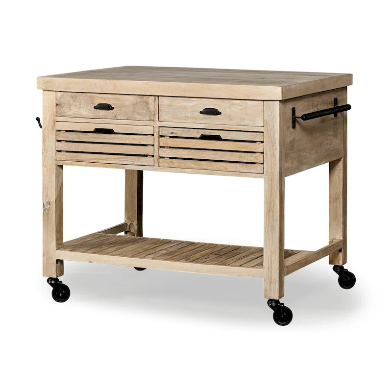 Light Brown Base w/Black Iron, Rolling Kitchen Island - 46W x 32D x 36H