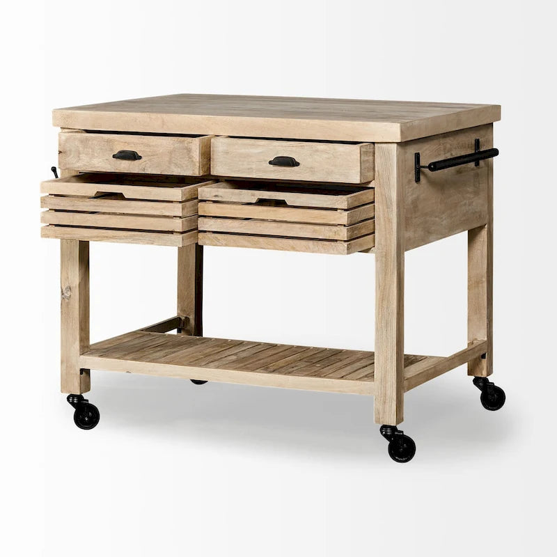 Light Brown Base w/Black Iron, Rolling Kitchen Island - 46W x 32D x 36H